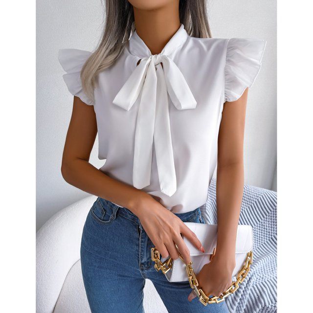 Blusas de gasa con cuello de pajarita de verano para mujer, blusas de gasa con cuello de pajarita de verano para mujer, camisas de gasa con cuello de pajarita para mujer, valor inmejorable