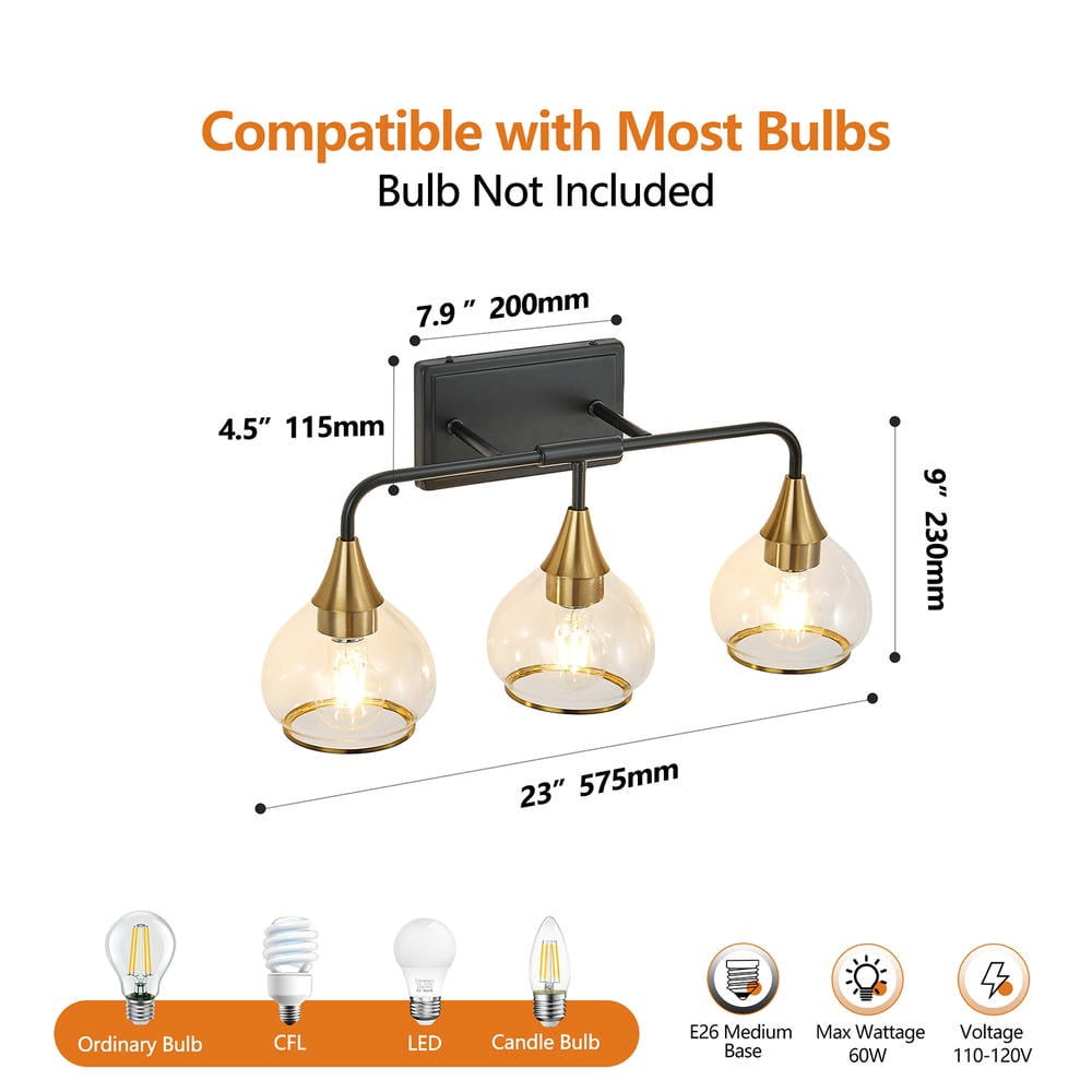 Kadyn Wall Lights, Wall Lamps, 23" Modern 3-Light Vanity Wall Sconce, Black and Gold Bathroom Light Fixture with Clear Glass Shades(Bulb Not Included)