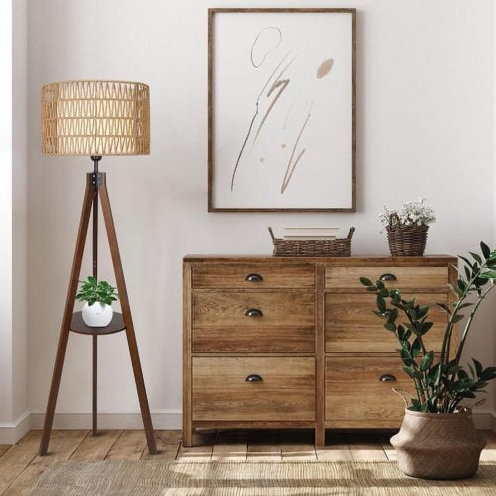 Hi-LIGHTS,Boho Tripod Floor Lamp with Shelves & ON/Off Foot Switch,Mid Century Wood Standing Lamp with Rattan & Fabric Shades,Modern Farmhouse Tall Floor Lamps for Living Room Bedroom Office(Brown)
