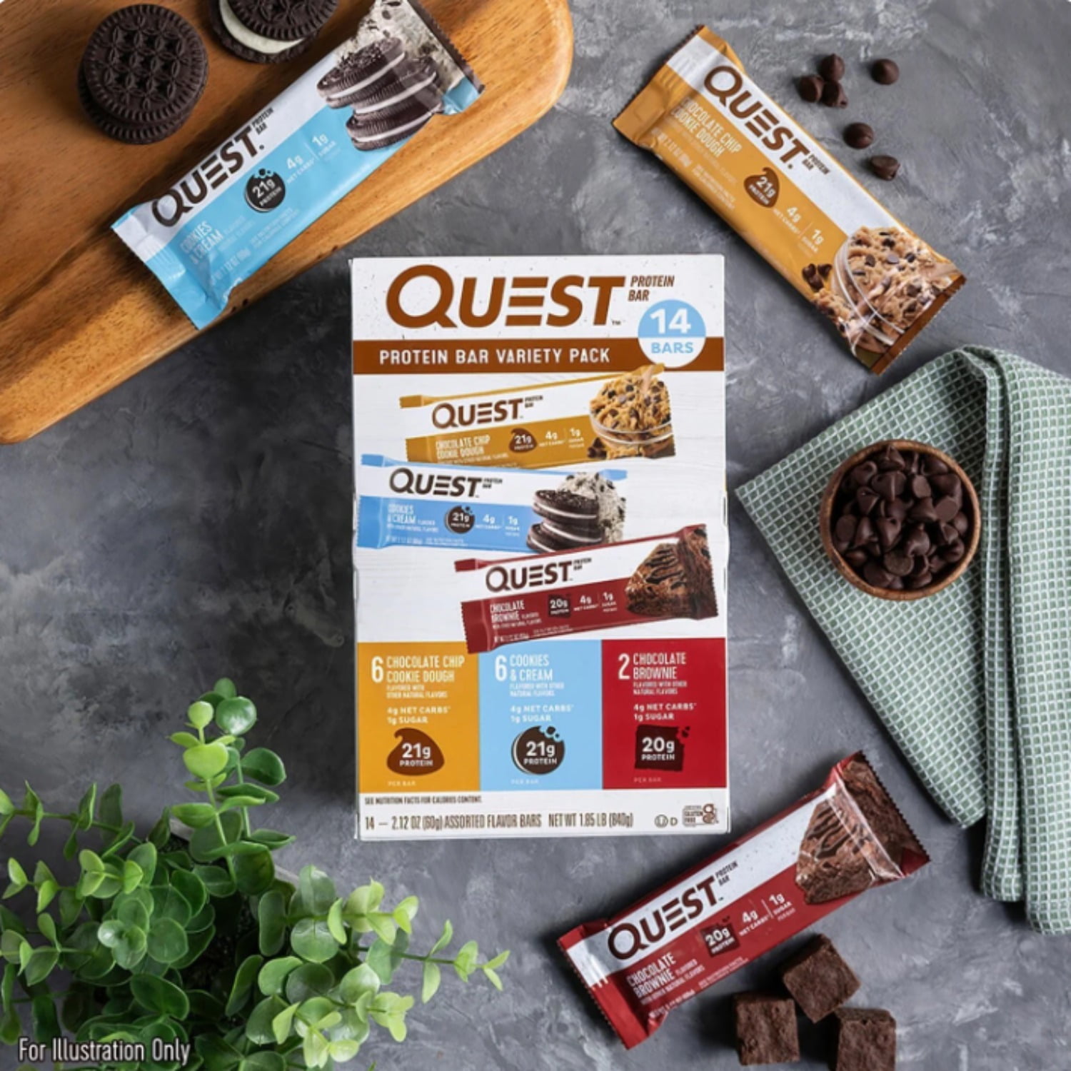 Quest Protein Bar Variety Pack (Chocolate Chip Cookie Dough, Cookies & Cream, Chocolate Brownie) - Gluten Free, 14 Ct. (2 Lbs. Total)