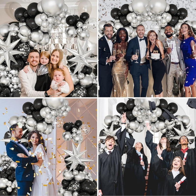 BalloonBuzz 140pcs Black and Silver Balloons, Balloons Arch Kit | Confetti Latex Balloons Silver Star Foil Balloon for Birthday Anniversary Party Decorations (Black Silver)