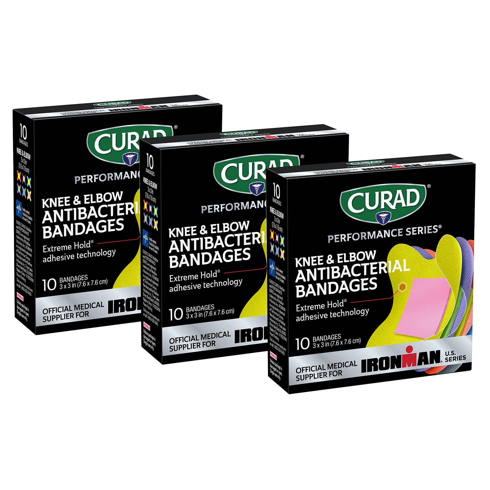 Curad Performance Series Ironman Knee and Elbow Antibacterial Bandages, Extreme Hold Adhesive Technology, Fabric Bandages, 10 Count (Pack of 3)