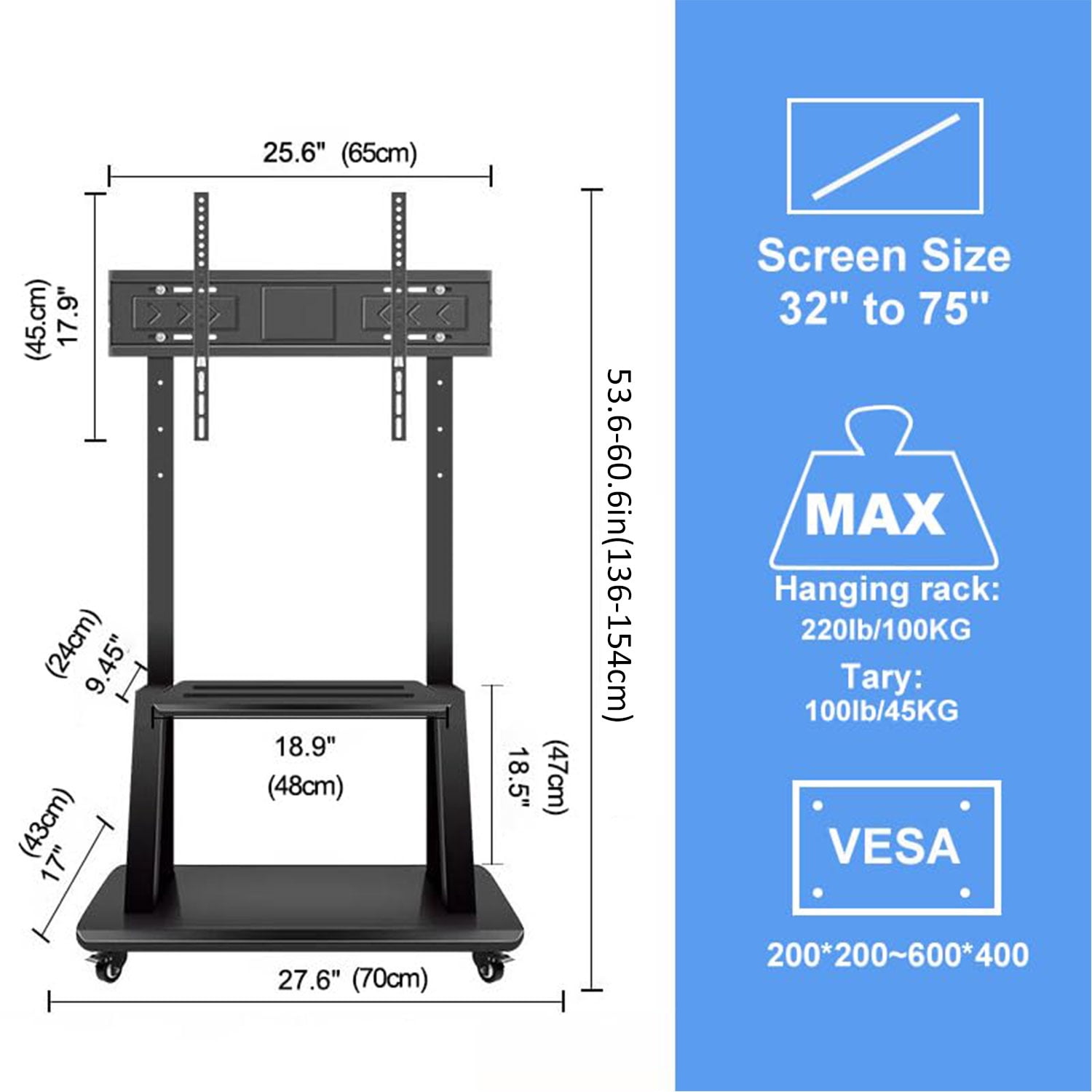 Hellsehen Rolling TV Stand with Wheels Height Adjustable for 32-75 inch TVs Holds up to 220 lbs with Shelf Black