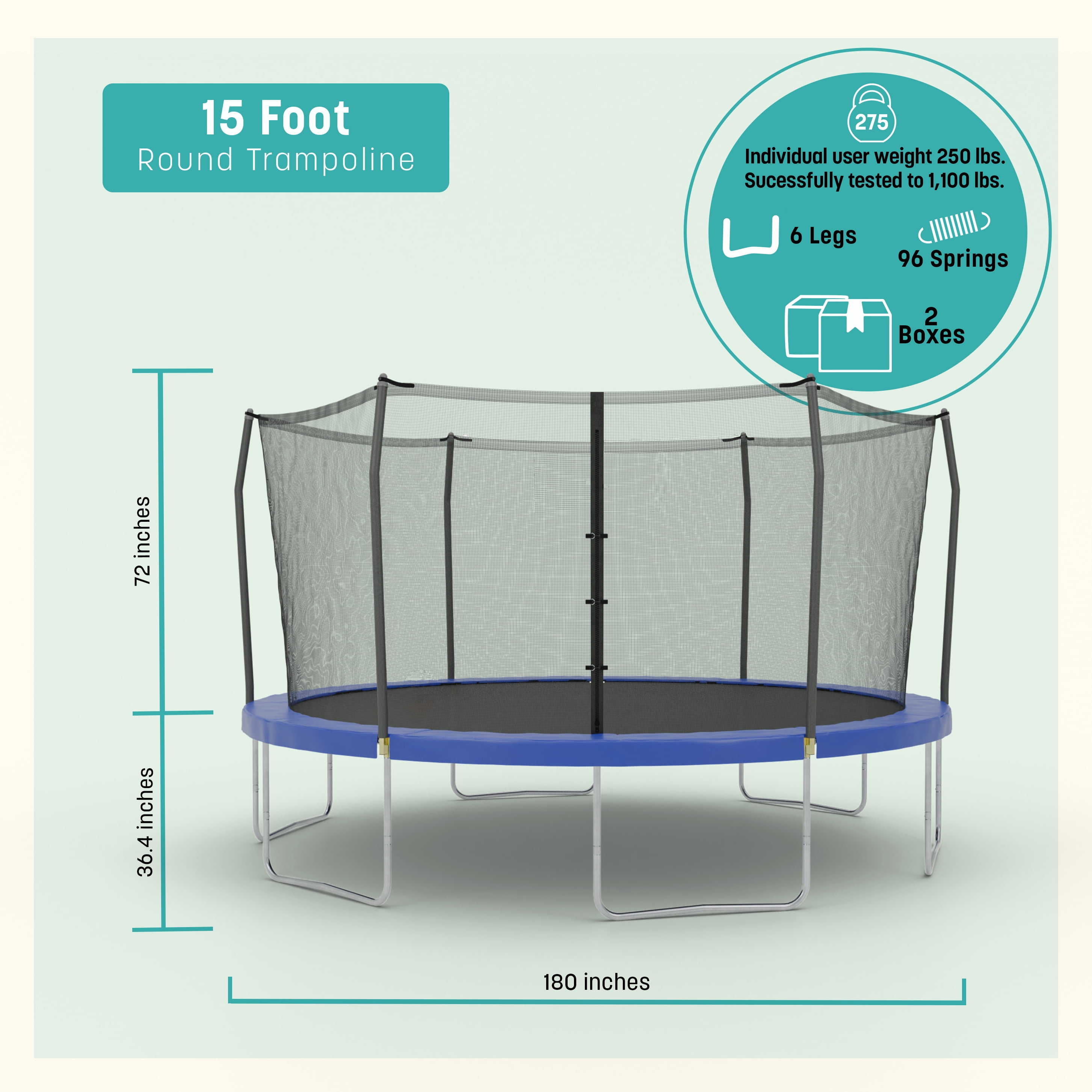 Skywalker Trampolines 15ft Round Trampoline with Safety Enclosure Net - Blue Outdoor Trampoline for Kids & Adults, Heavy-Duty Rust-Resistant Frame