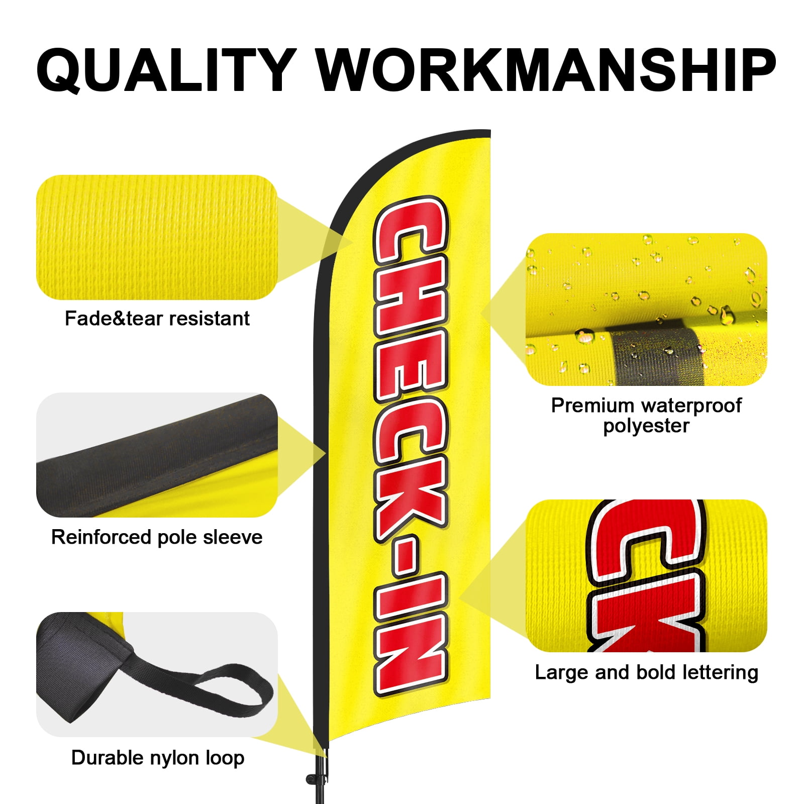 QSUM Check-in Feather Flag with Flag Pole Kit and Ground Spike, 8.2FT Check-in Windless Flag Banner Sign Business for Outdoor Advertising Sign Decoration Display