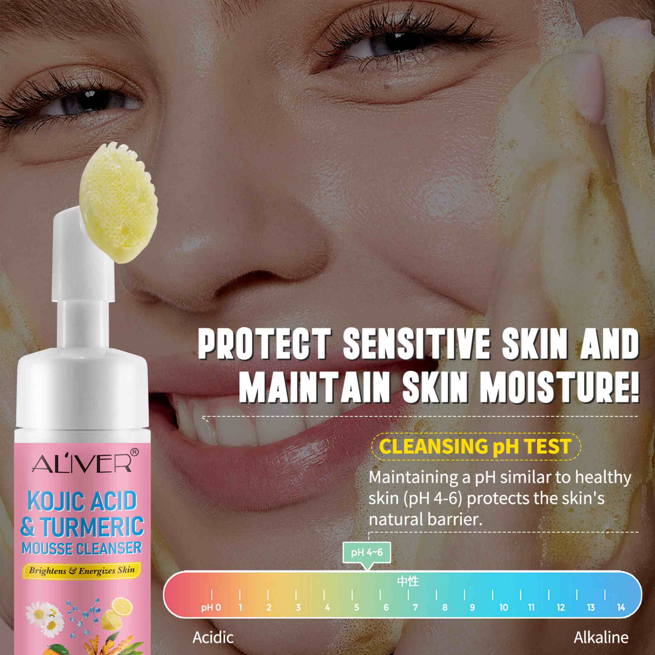 Aliver 3-Pack Turmeric Kojic Acid Foaming Face Cleanser, Deep Cleaning, Moisturizing, Easy to Use, For All Skin Type