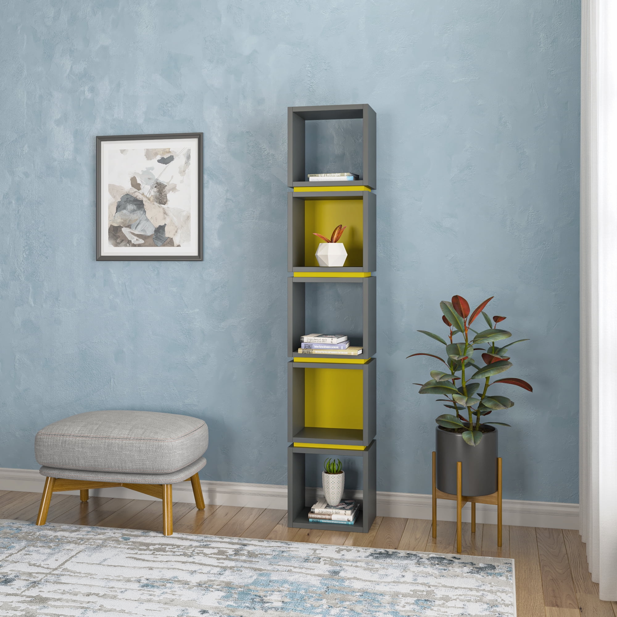 Ada Home Decor Furniture Multiple Tier Open Shelf Anthracite Mustard Braeside Modern Bookcase