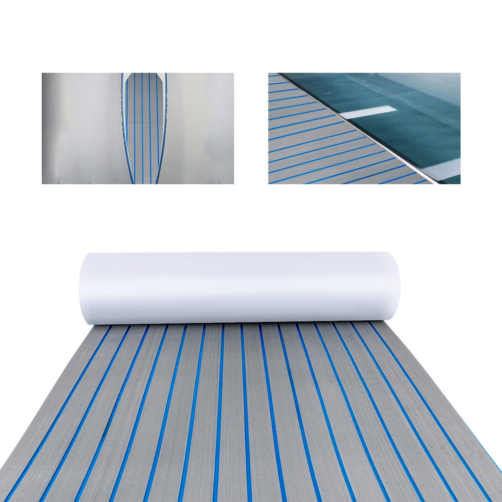 ToppiJoy 95*35.5inch EVA Foam Teak Sheet Marine Flooring Yacht Boat Decking Board Canoe Golf Cart RV Flooring Self-Adhesive Pad, Light Grey with Blue Seam