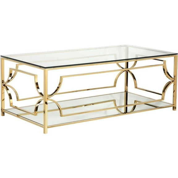 Pemberly Row Metal Rectangle Coffee Table with Glass in Polished Gold