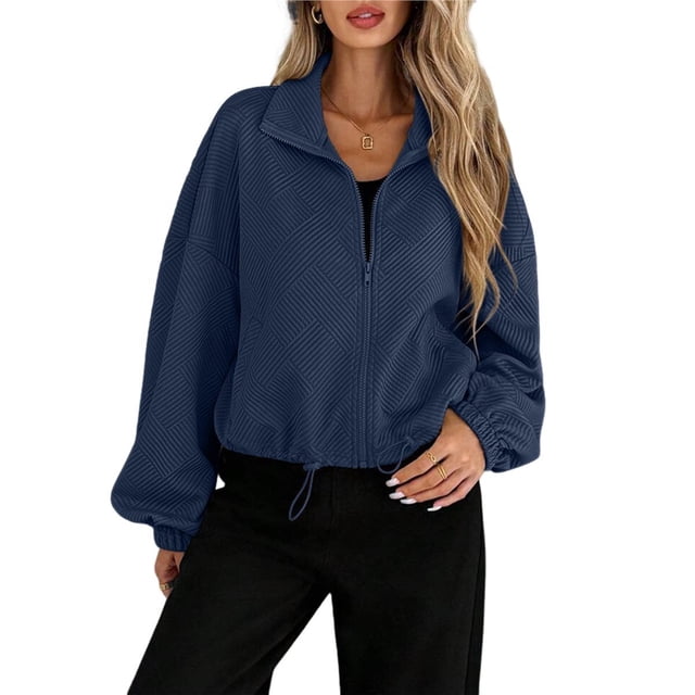 Chaqueta de Béisbol Holgada Informal con Cuello Alto, Cremallera y Dobladillo con Cordón Ajustable para Mujer. Azul Marino L