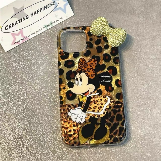 Pour iPhone 16 Plus 15 Pro Max 14 13 Pro 12 Mini 11 X TP XR 7 8 SE Étui de Téléphone Rigide avec Nœud en Diamant Minnie Léopard Lustré 1 7 Plus 8 Plus
