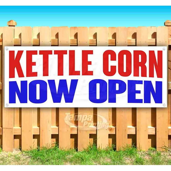 Kettle Corn Now Open 13 oz Vinyl Banner With Metal Grommets