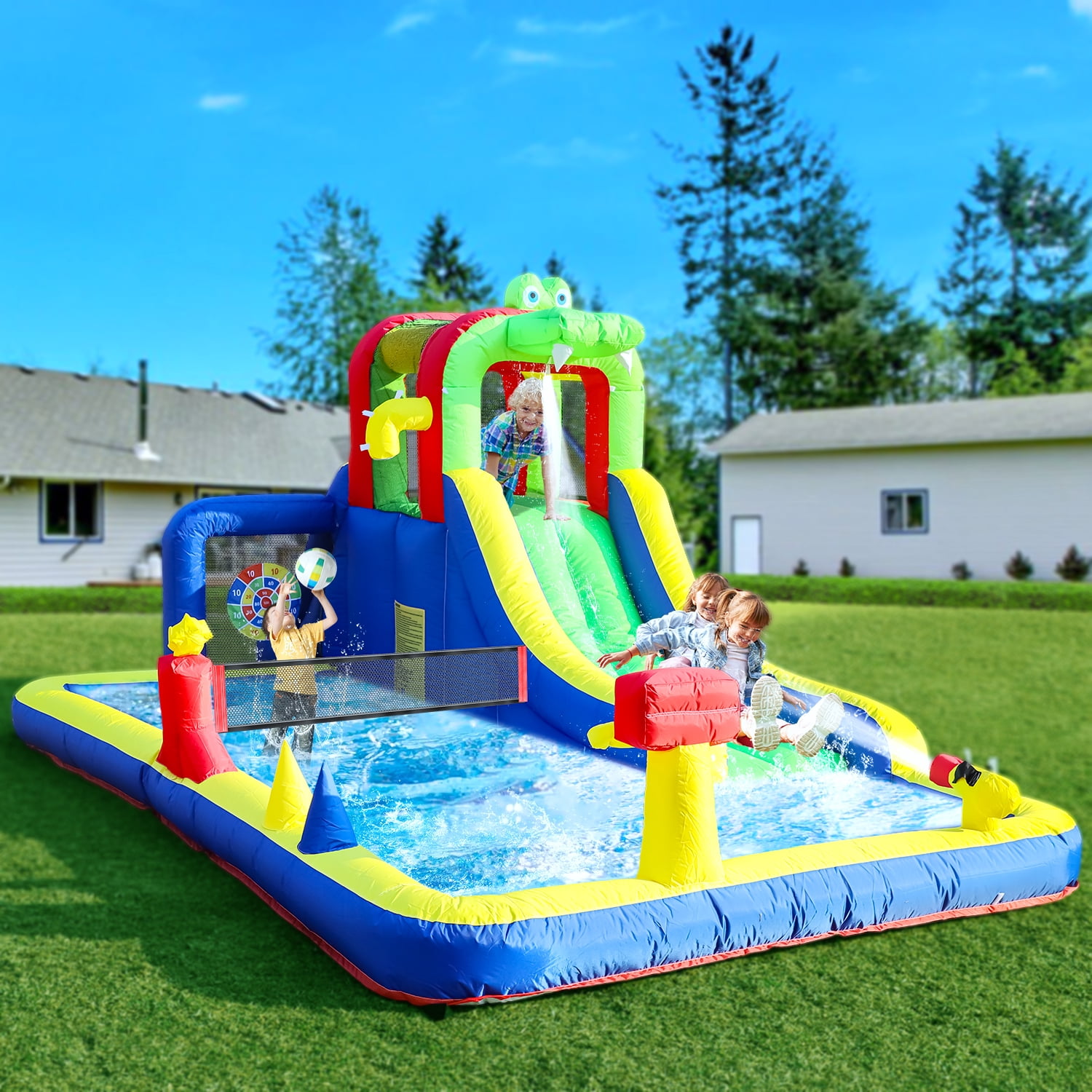 Relunch Inflatable Water Slide Crocodile Bounce House Volleyball Play for Kids