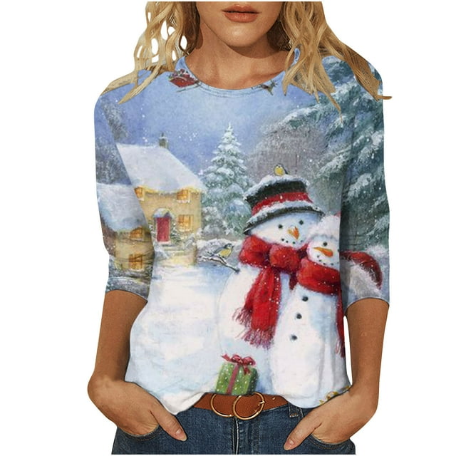 Camisas Navideñas Para Mujer Tops de Cuello Redondo Blusa Informal Suelta Con Manga 3/4 Y Estampado Navideño Odeerbi ODB197972