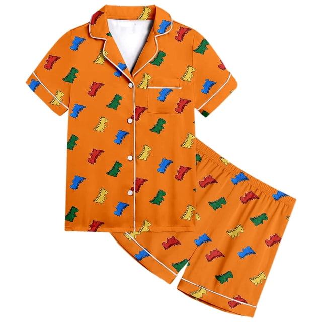 Adorable Dinosaur Themed Short Sleeve Button Down Pajama and Shorts Set for Children's Nighttime Comfort