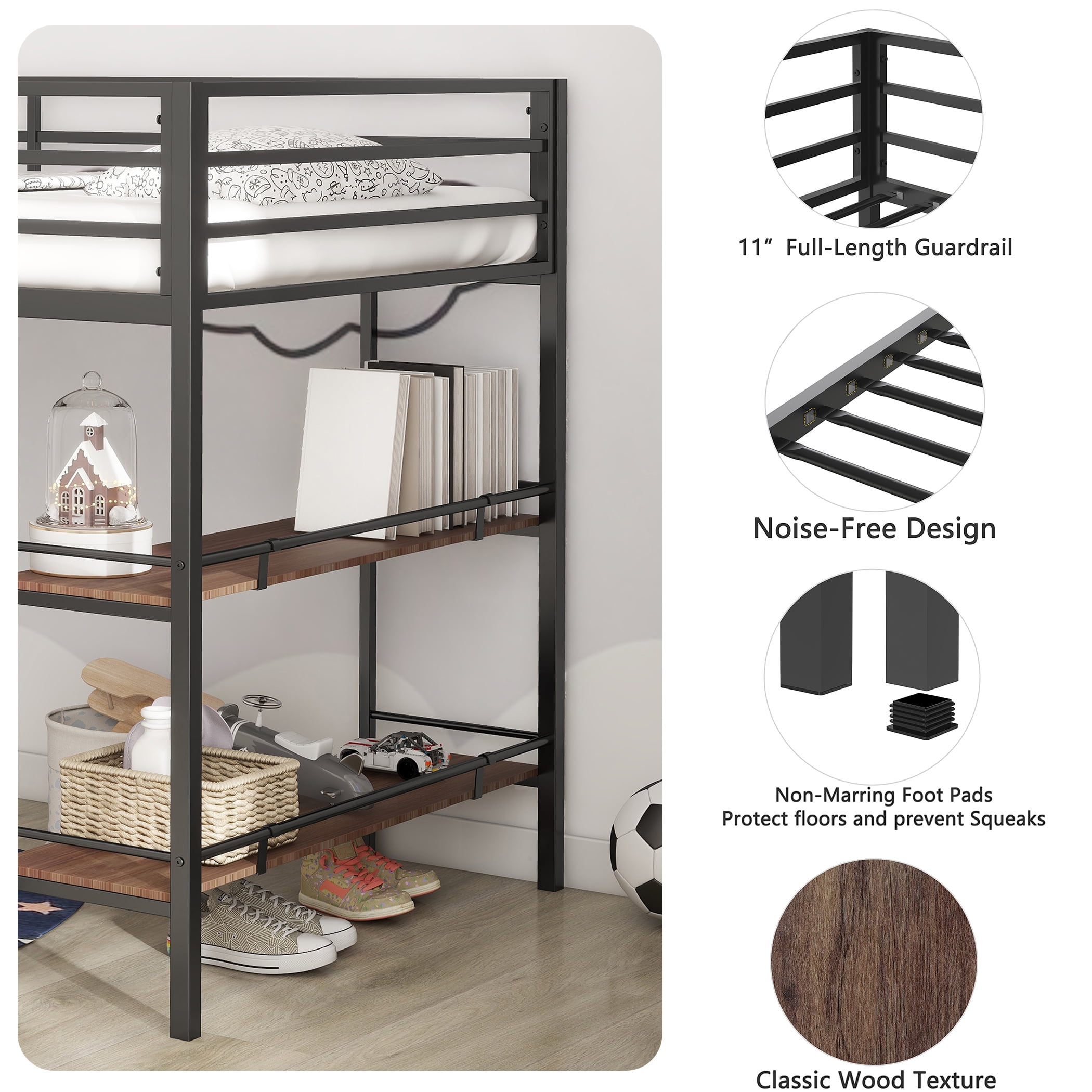 Miniyam Modern Metal Twin Size Loft Bed with Desk for Kids and Teens, Black