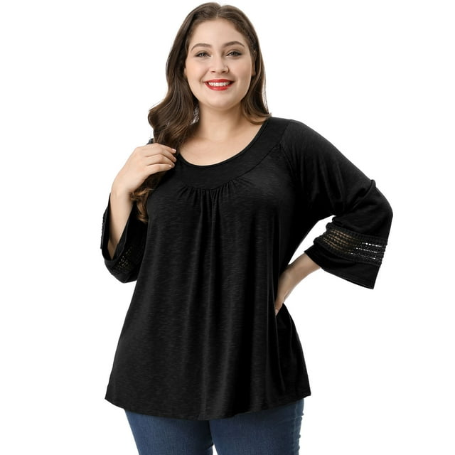 GRACE & GRANDEUR Hauts Décontractés Unis à Manches Raglan pour Femmes Grande Taille Noir 3X
