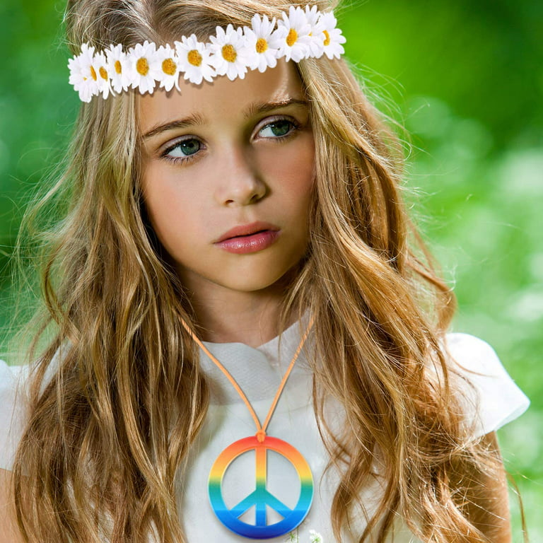 HyperFun Hippie Costume Set Includes Peace Sign Necklace and Earrings,  Flower Crown Headband and Colored Hippie Sung (Pink)