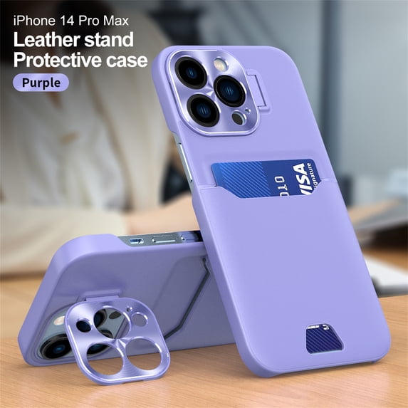 Cover For iPhone 14 Pro Max,Slim PU Leather Shockproof Lens Protector Card Holder Built in Camera Kickstand Case Cover,Purple