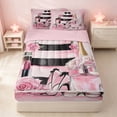 thumbnail image 2 of Erosebridal Girls Fashion Zipper Twin Comforter Sets with Fitted Sheet and 2 Pillowcases, Lipsticks Perfume Highheels Print Zipper Bedding Set, Pink Reversible, 2 of 7