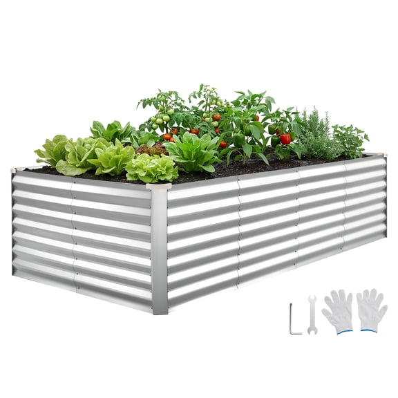 VEVOR Galvanized Raised Garden Bed, 8 x 4 x 2 ft, Rectangular Metal Planter Box Kit Outdoor, Bottomless Elevated Planting Box with Gloves, Rustproof Alu-Zinc, for Growing Flowers Vegetables, Silver