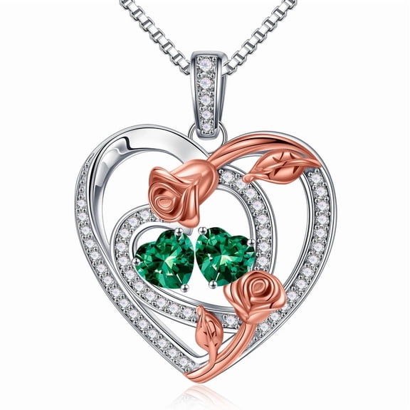 Turandoss Heart Birthstone Necklace for Women 925 Sterling Silver Double Rose Birthstone CZ Trendy Jewelry Mothers Day Birthday Anniversary Graduation Gifts for Women Wife Her