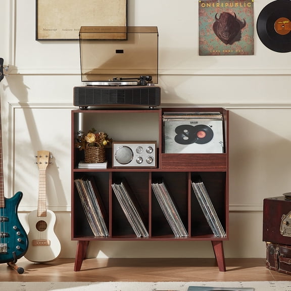 Large Record Player Stand, Vinyl Record Storage Holder, Record Player Table Record Player Table Holds Up to 300 Albums, Record Stand for Music Room Bedroom-Walnut