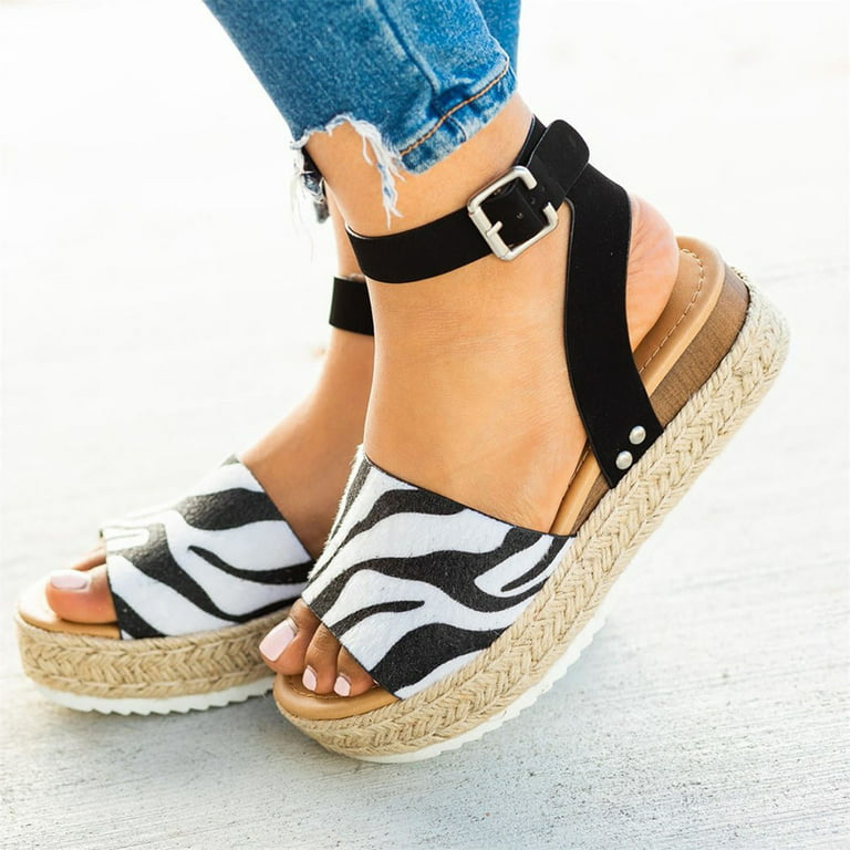 Valkuilen Christian Leggen Women Espadrilles Flatform Wedge Sandals Zebra Print Buckle Ankle Strap  Sandals Open Toe Studded Platform Sandals - Walmart.com