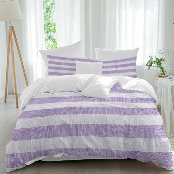 Purple Linen Stripes Duvet Cover Set Queen Size, Vintage Country 4 Piece Soft Microfiber Bedding Set with 1 Duvet Cover, 1 Flat Sheet, 2 Pillowcases