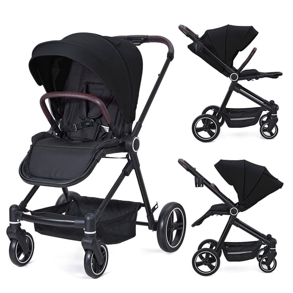 Yeshouse cochecito plegable para recién nacidos y niños pequeños, respaldo reversible, cesta de almacenamiento, reposapiés y capota ajustables, con portavasos, color negro, ideal para paseo diario