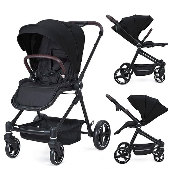 Yeshouse cochecito plegable para recién nacidos y niños pequeños, respaldo reversible, cesta de almacenamiento, reposapiés y capota ajustables, con portavasos, color negro, ideal para paseo diario