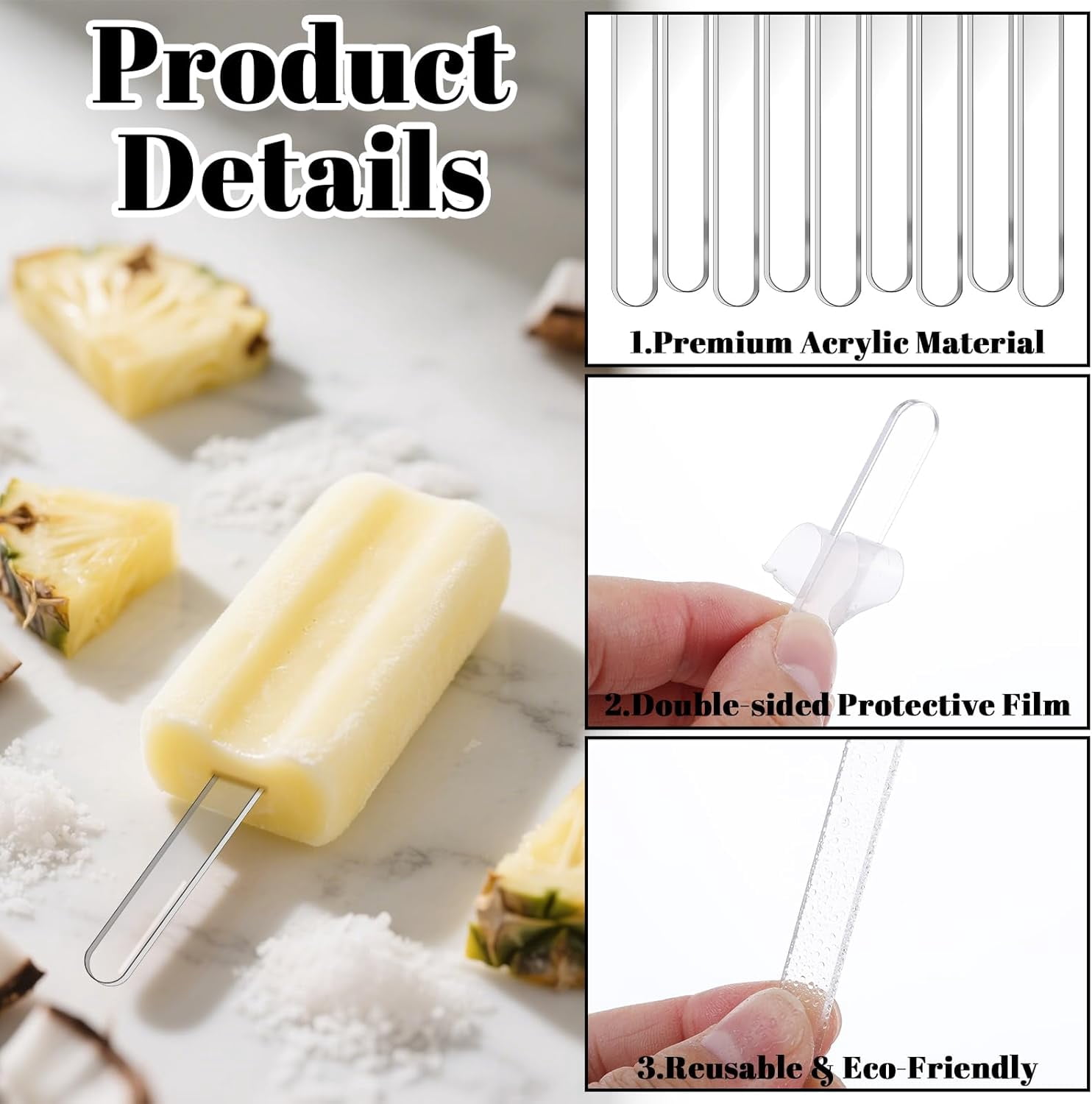 ABPETE Reusable Acrylic Popsicle Sticks,Clear Ice Cream Sticks for DIY Cake Pops, Candy, Desserts,Food-Safe & Durable(100Pcs,4.5 Inch )