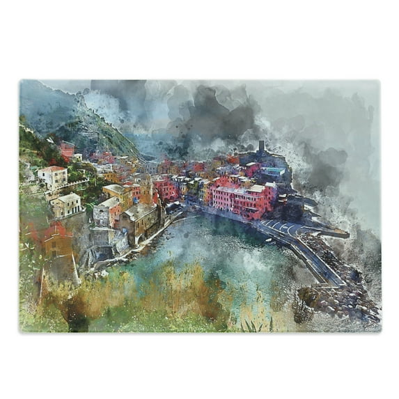 Vernazza Cutting Board, Digitally Generated Watercolor Effect Aerial Vista of Italian Coastal Village, Decorative Tempered Glass Cutting and Serving Board, in 3 Sizes, by Ambesonne