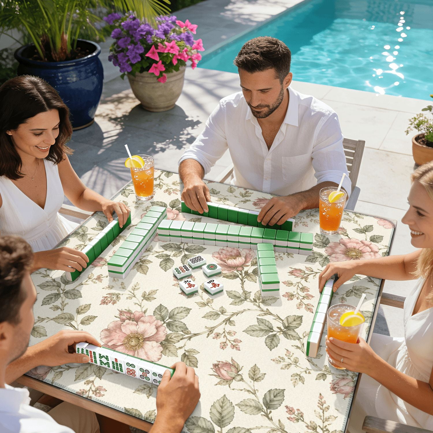 Mahjong Mat 31.5" x 31.5" Vintage Pink Floral Rose Soft Green Leaves Cream Non-Slip Noise Reduction American Mahjong Tiles Table Cover for Dominoes Poker Card Board Games Gift