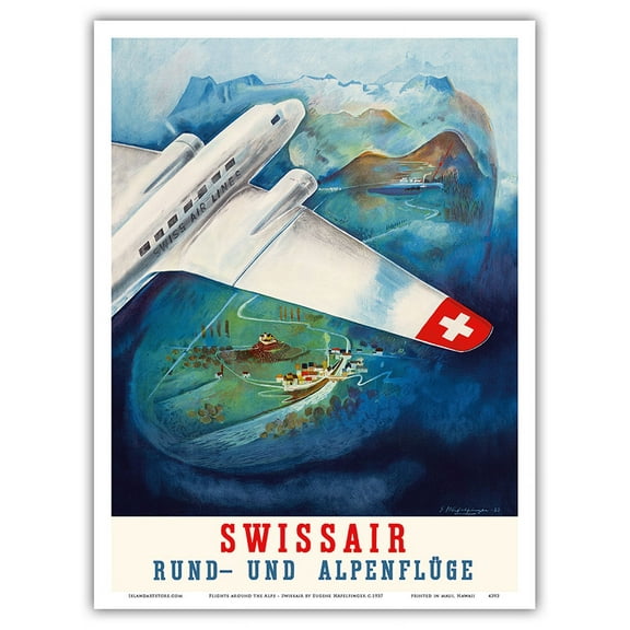Flights around the Alps (Rund- und Alpenfluge) - Swissair - Vintage Airline Travel Poster by Eugene Häfelfinger c.1937 - Master Art Print (Unframed) 9in x 12in