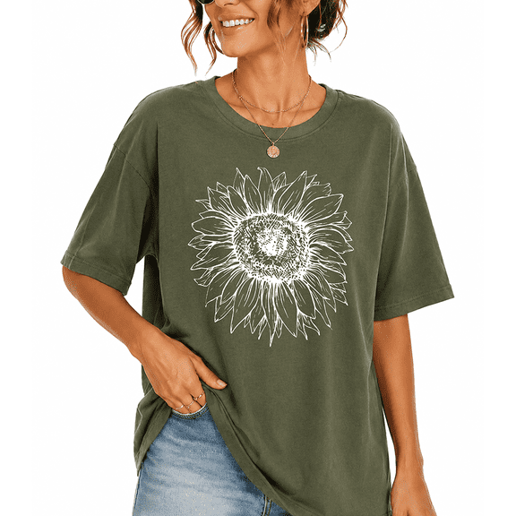 Godmerch Women's Pink Sunflower Crew Neck Loose Relaxed Oversized Fit Graphic Tee 100% Cotton Summer Vacation Beach Shirt