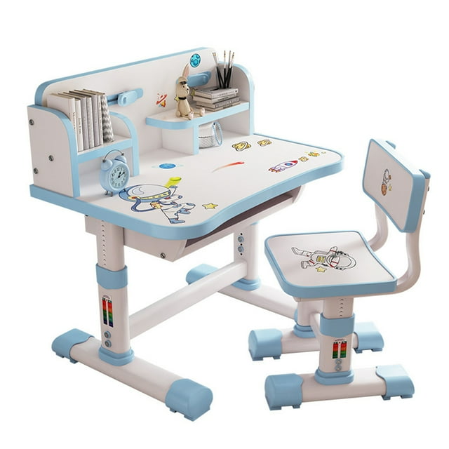 Hicess Kids Functional Desk and Chair Set,Height Adjustable Children School Study Table Chair Set with Cartoon Pattern, Ergonomic Desk Chair with Large Writing Board, Bookshelf and Book Bucket