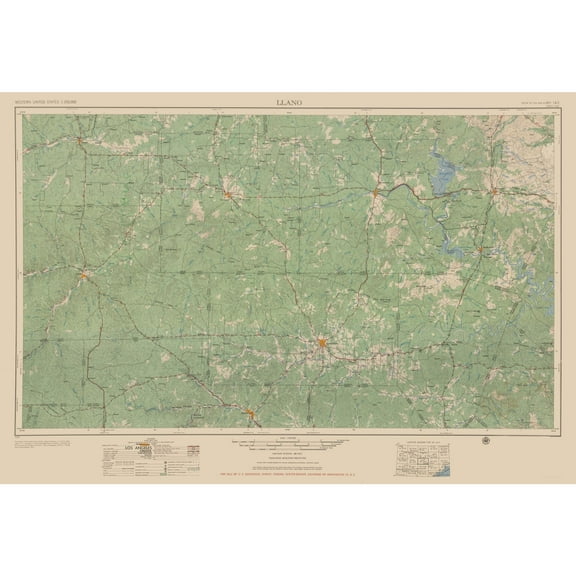 Topographical Map - Llano Texas Quad - USGS 1954 - Vintage Wall Art