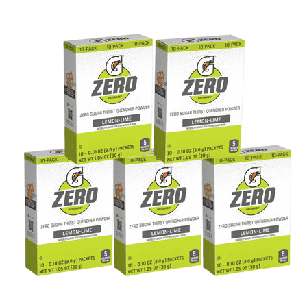 Gatorade G Zero Powder, Lemon Lime, 5 Boxes (50 Packets)