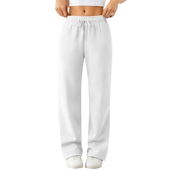 Straight Leg Sweatpants for Women Wide Leg Warm Fleece Sweatpants with Pockets Casual Cute High Waisted Winter Pants White XL