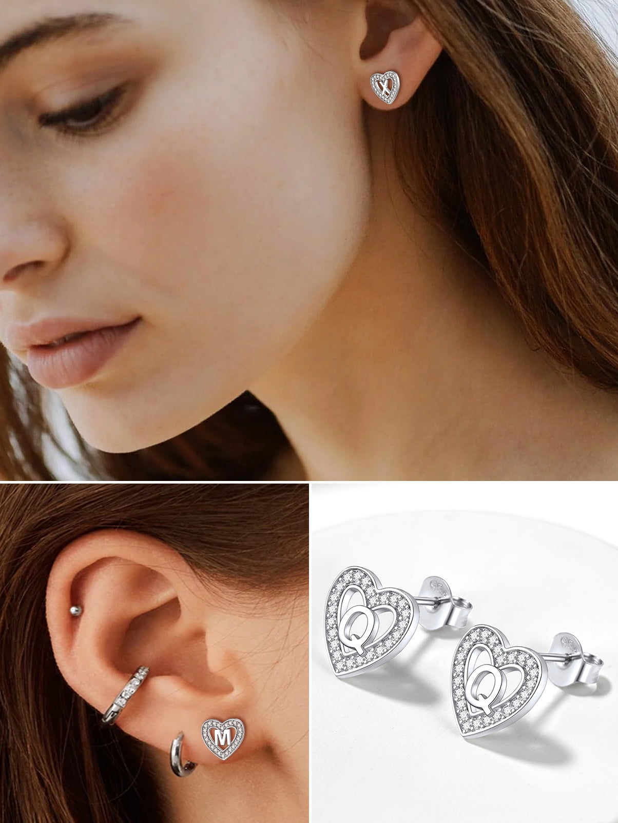 Silvora Women Cubic Zirconia Heart Earrings with Letter S, Tiny Initial Stud Earrings Hypoallergenic Jewelry for Sensitive Ears