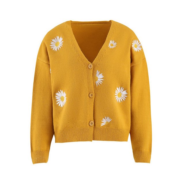 Qarigey Pelusas Suéter de mujer Patrón de flores de invierno Estampado de manga larga Cuello en V Transpirable Lavable Casual Elegante Suéteres para Prendas para la parte del cuerpo Amarillo SG Qarigey AP012615-04