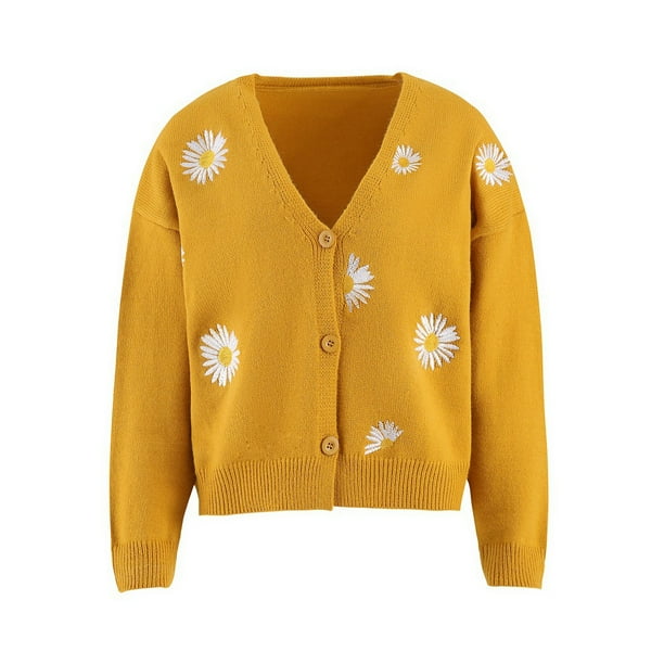 Minnieouse Suéter de mujer Lints invierno otoño estampado de flores adorables estampado de manga larga cuello en V transpirable lavable suelto señoras Prendas para la parte del cuerpo Amarillo L Minnieouse AP012615-03