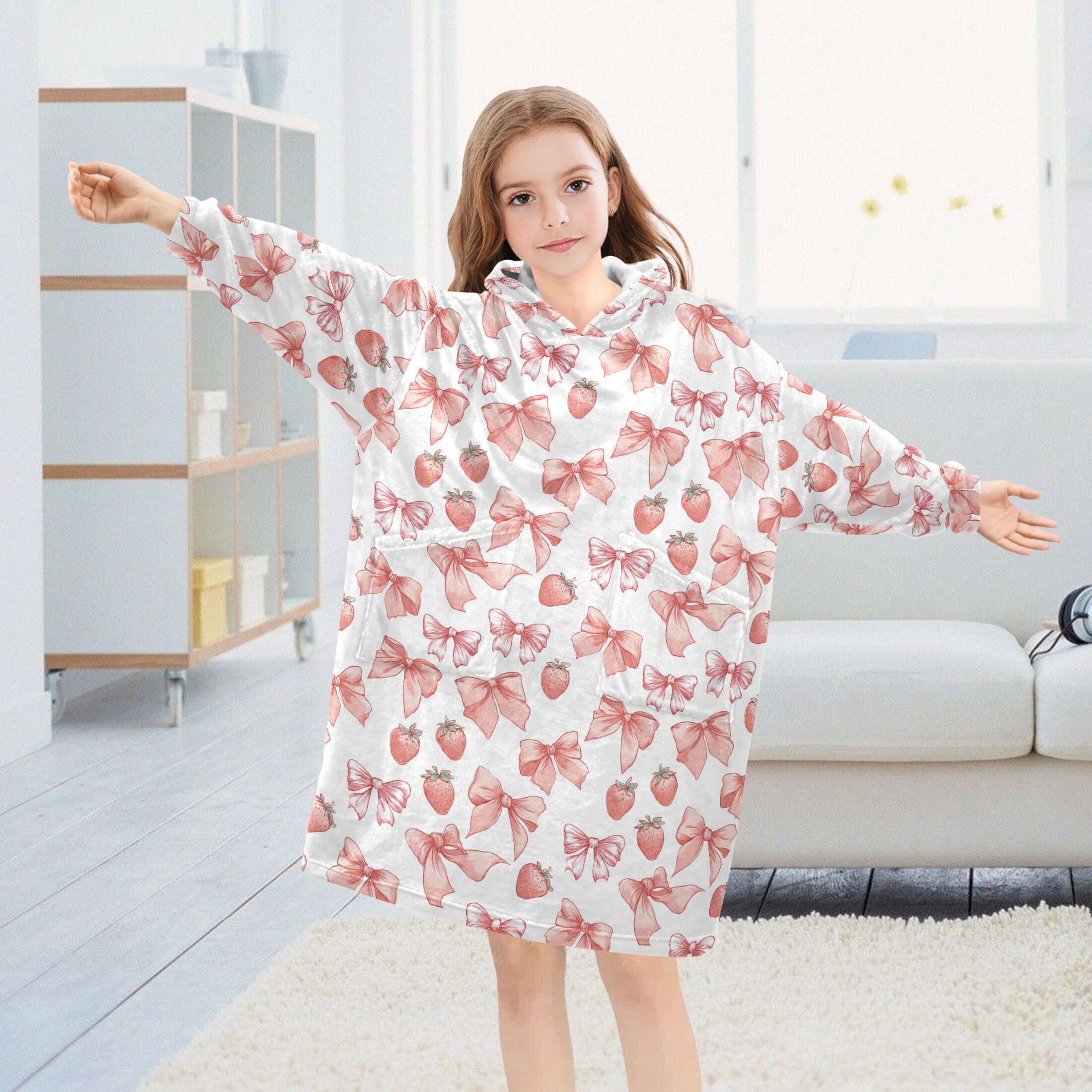 Wearable Blanket Hoodie for Kids Pink Bows Strawberries Flannel Hooded Blanket with Pockets and Sleeves Suitable for Boys and Girls