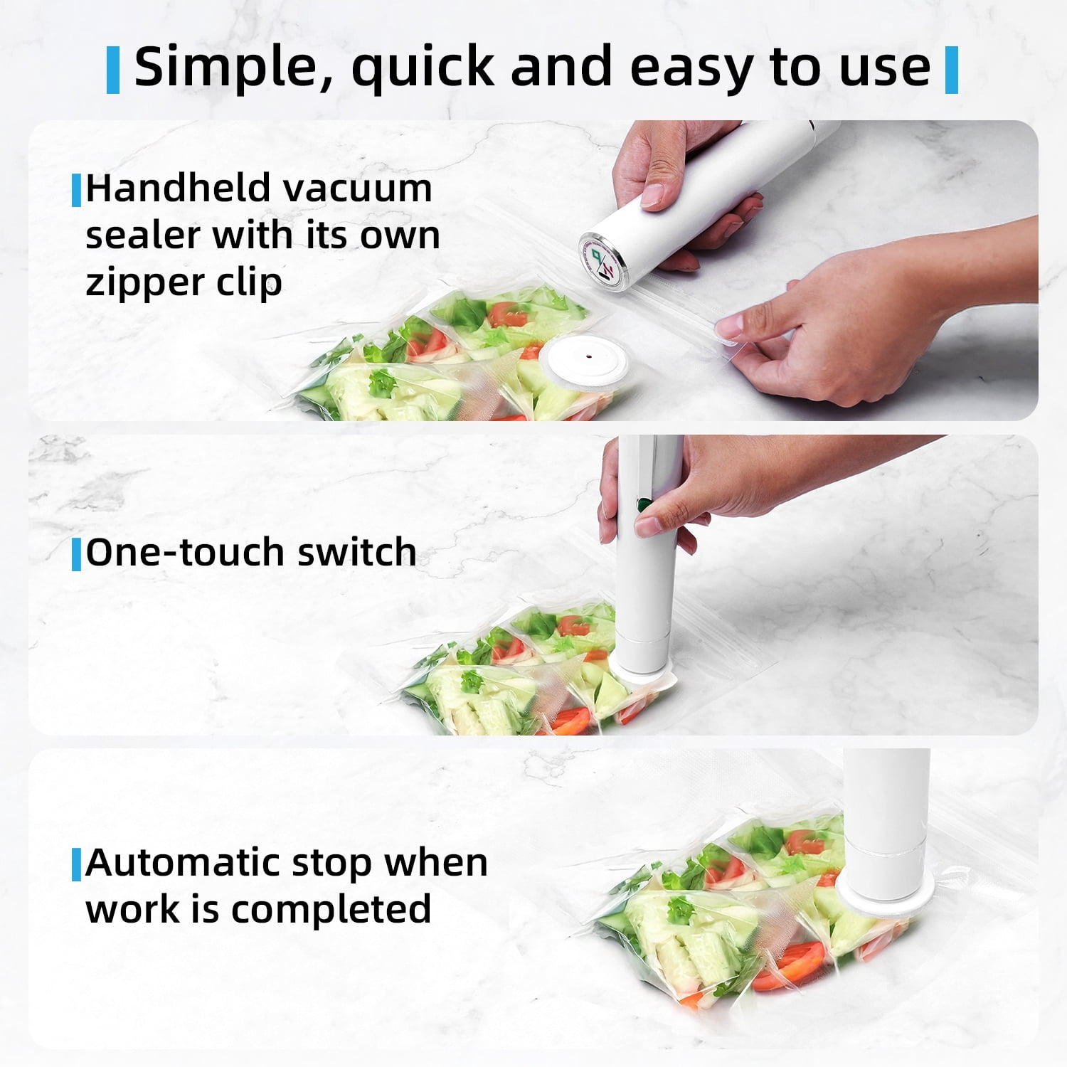 VIXINO Handheld Vacuum Sealer with 10 Reusable Bags, Compact Food Sealing Machine, Portable Freshness & Storage for Fridge, Freezer, Leftovers