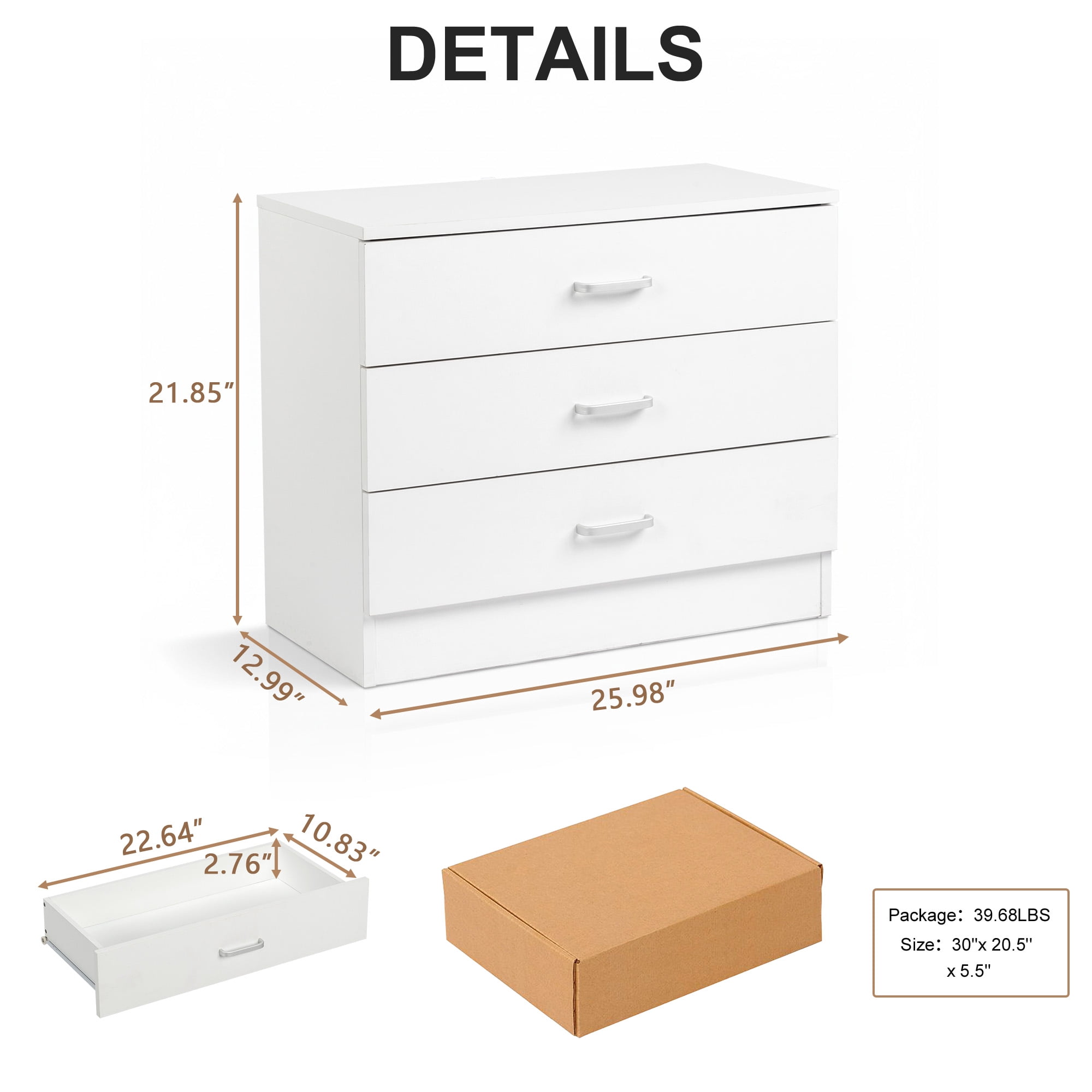 3 Drawer Nightstand Storage Cabinet, Eco P2 Particleboard Bedside Table with Smooth Metal Drawer Slides for Bedroom Living Room Office
