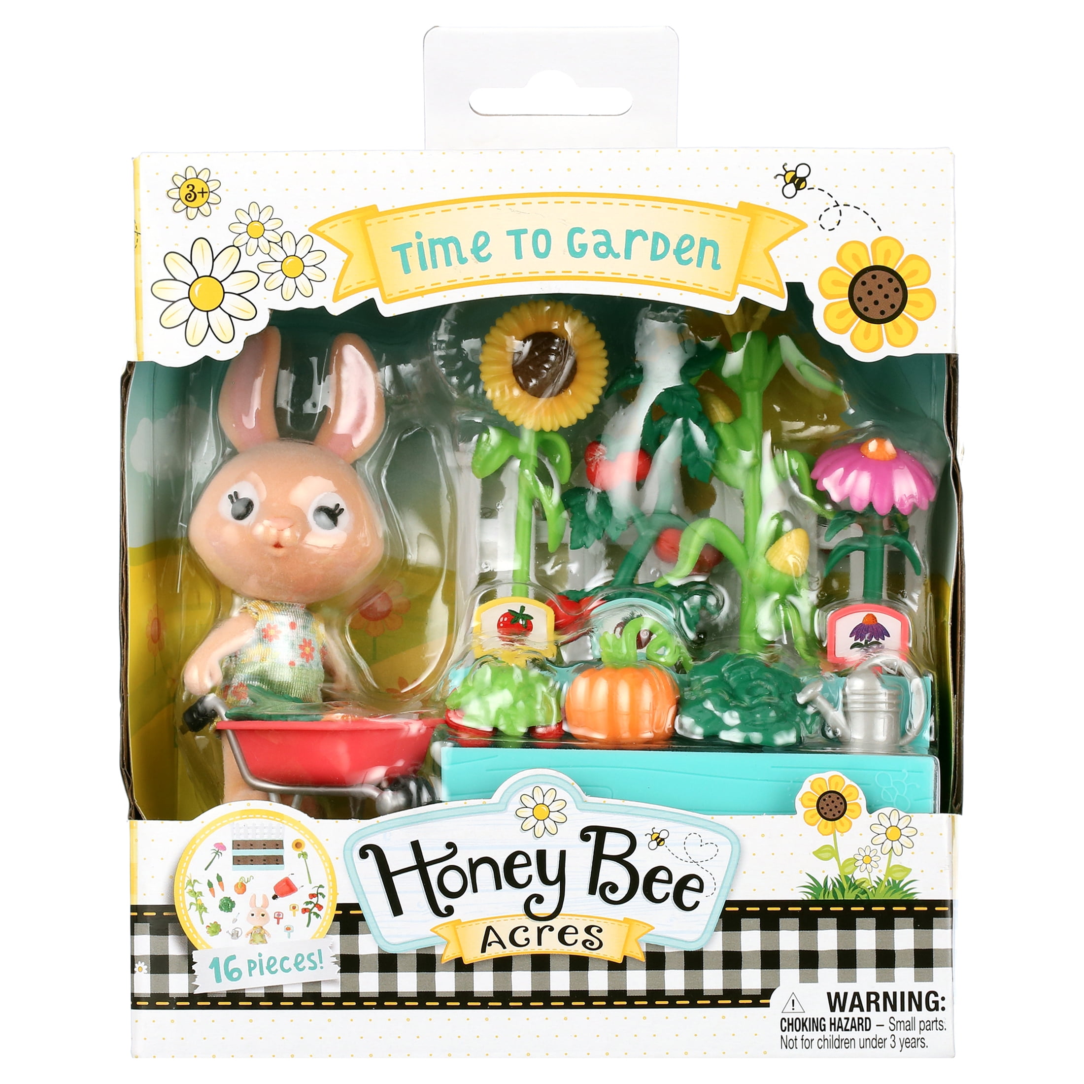 Honey Bee Acres Time to Garden Playset – 16 Piece Miniature Dollhouse Set with Bunny Figure, Wheelbarrow, Vegetables & More&nbsp; – Dolls for Kids Ages 3+