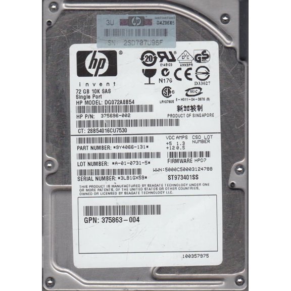 ST973401SS, 3LB, AMKSPR, PN 9Y4066-131, FW HPD7, HP 72GB SAS 2.5 Hard Drive