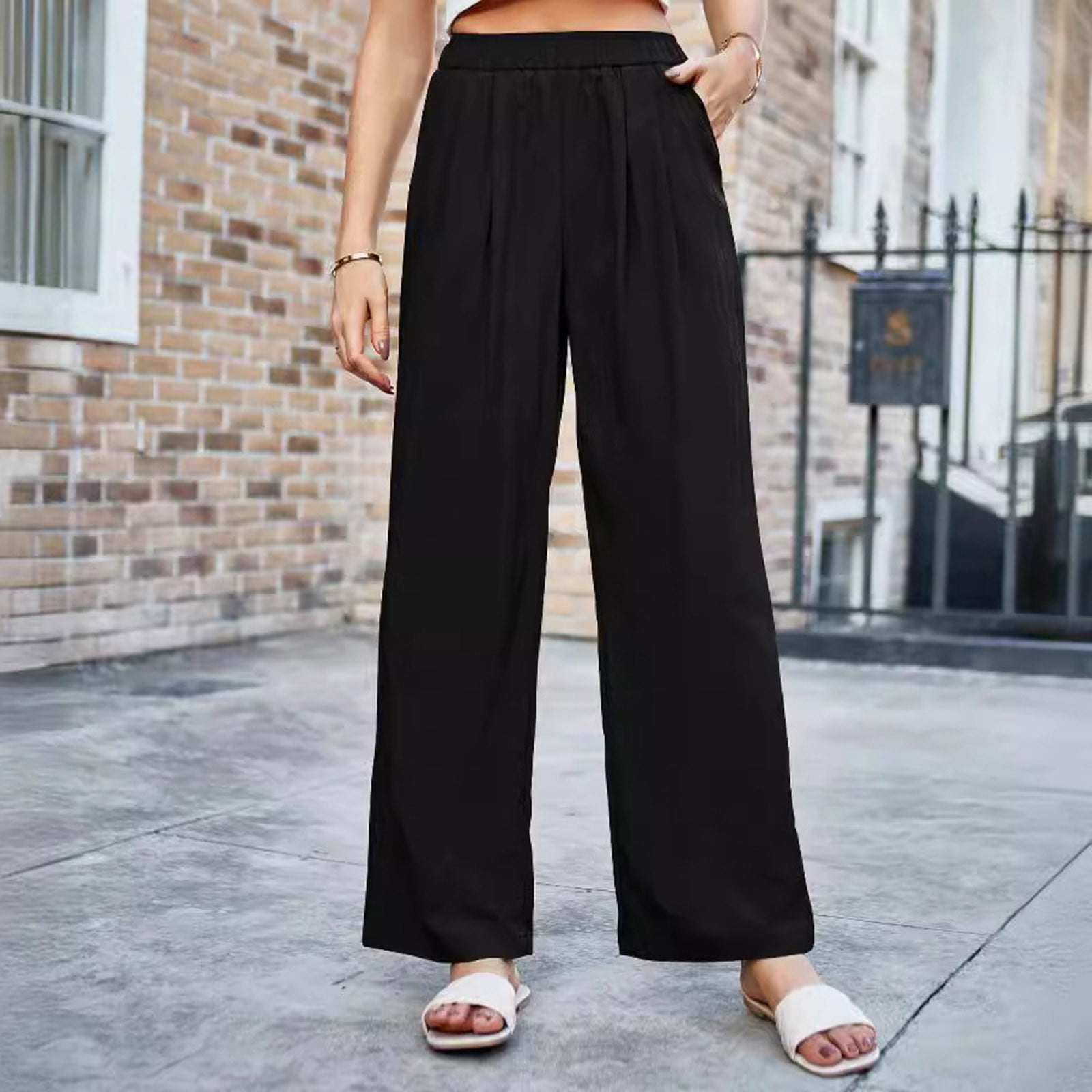Drppepioner Wide Leg Pants for Women Women S Solid Color High Waisted Casual Wide Leg Pants Black