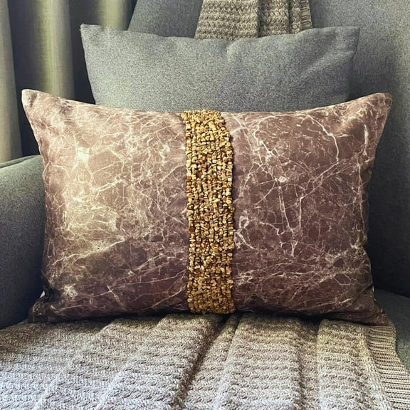 The HomeCentric Decorative Lumbar Pillow Cover Brown, 12"x16" (30x40 cm) Suede Marble, Gemstone, Jasper Chips, Jasper Beads Lumbar Cushion Covers For Sofa, Couch, Abstract Modern - Jasper Touchstones